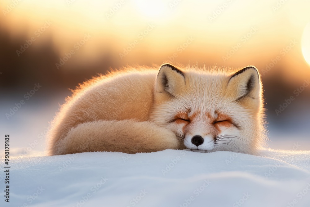 Obraz premium Fluffy Arctic Fox Curled Up on Soft Snow Bed