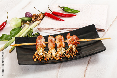 Thai Street foof satay with bacon and mushroom photo