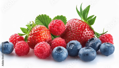 A bunch of fresh berries (strawberries, blueberries, raspberries) isolated on a white background, focus on the shine of water adhering to the surface of the fruit.