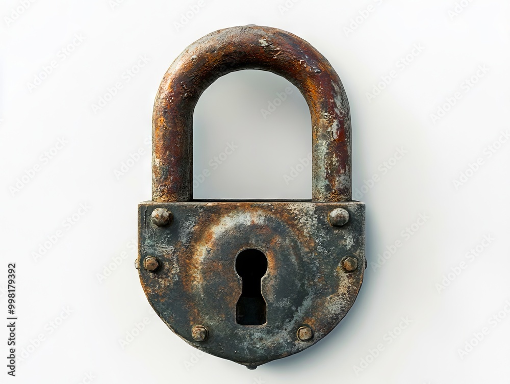 A rusty padlock on a white background