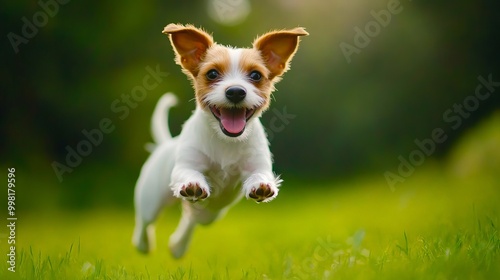 A small white and brown dog running in the grass