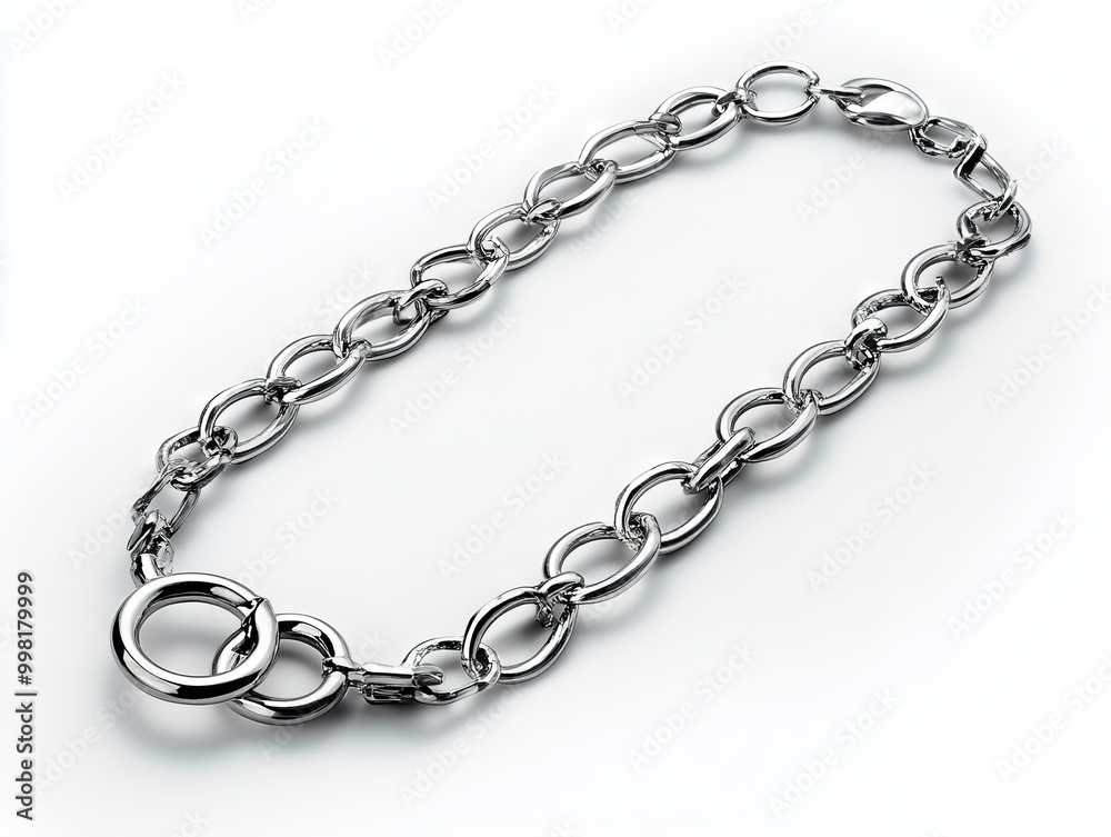 A silver chain with a circle on a white background A silver chain with a circle on a white background
