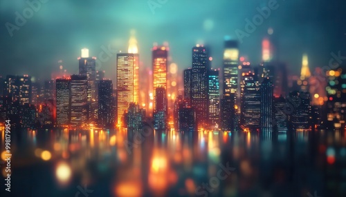 Cityscape at night with illuminated skyscrapers, urban setting, wide shot, sharp focus, vibrant colors, high detail