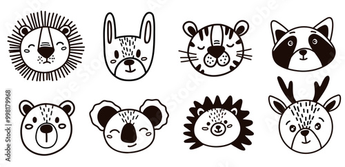 Cute hand drawn animals vector set. Vector lion, koala, hare, tiger, raccoon, bear, hedgehog, deer. Great for creating children's clothing.