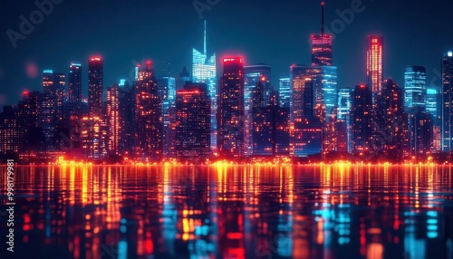 Cityscape at night with illuminated skyscrapers, urban setting, wide shot, sharp focus, vibrant colors, high detail