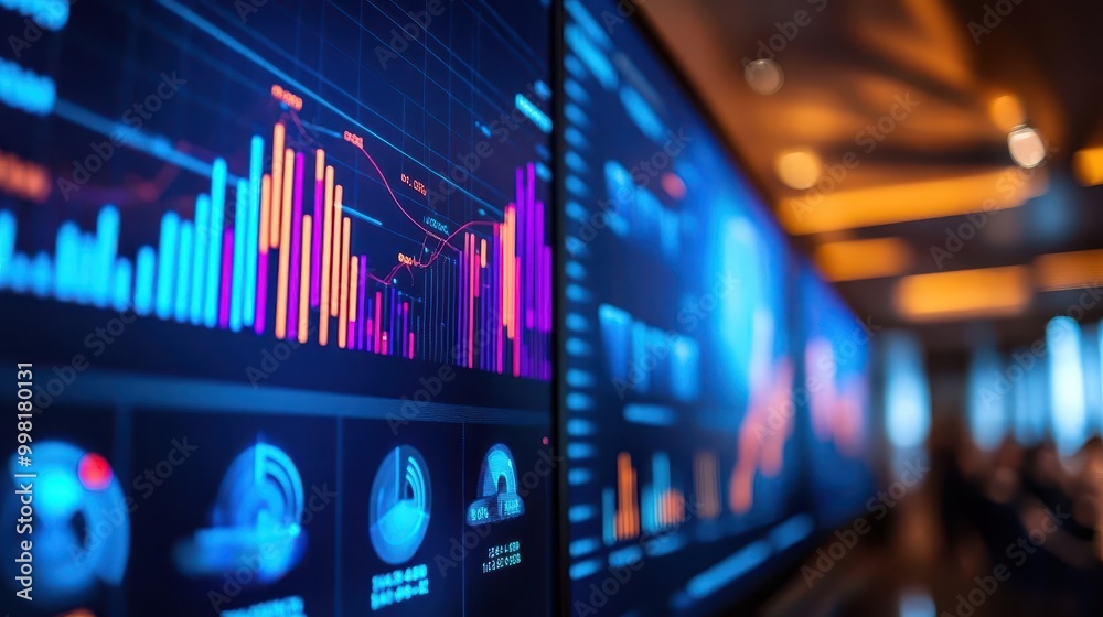 Conference presentation with speakers presenting data on large screens, professional environment, sharp focus, bright lighting Conference presentation with speakers presenting data on large screens, professional environment, sharp focus, bright lighting