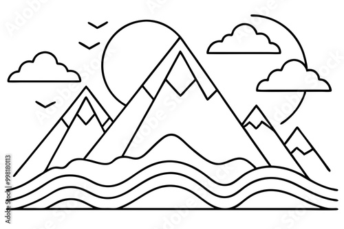 Serene Mountainous Landscape Line Art Illustration