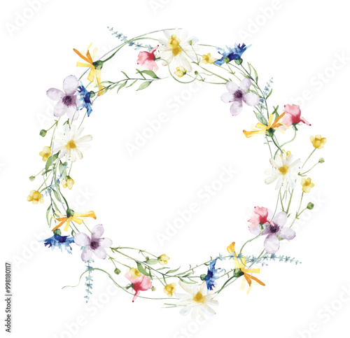 Watercolor painted floral wreath on white background. Yellow, blue, white and pink wild flowers. Vector illustration.