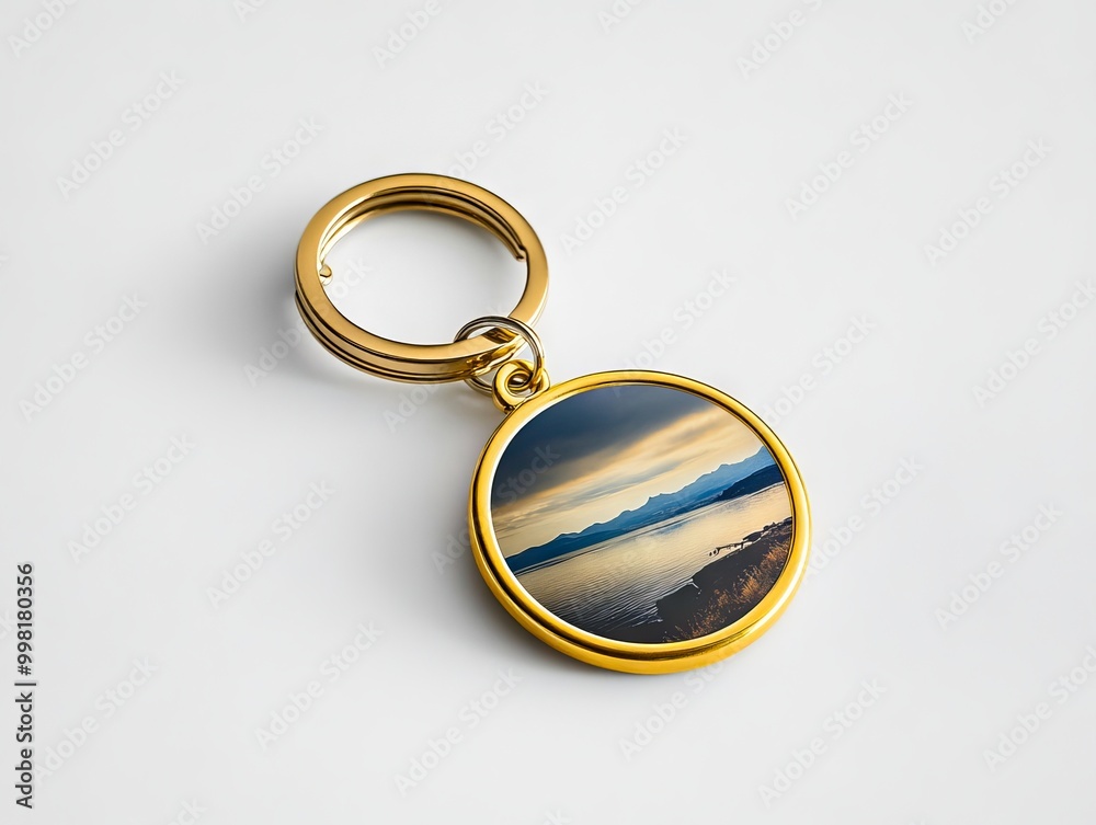 A gold keychain with a picture of a lake and mountains A gold keychain with a picture of a lake and mountains