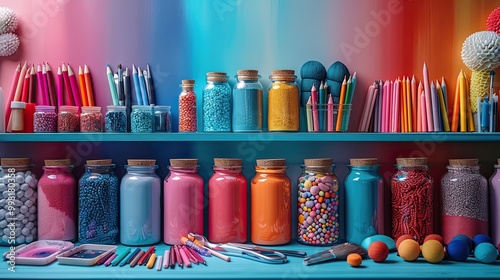 Craft room background with various crafting materials, tools, and projects.