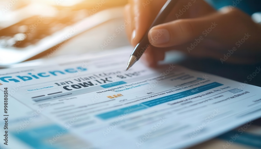 Credit score analysis with a person reviewing their credit report, close-up, sharp focus, bright lighting Credit score analysis with a person reviewing their credit report, close-up, sharp focus, bright lighting