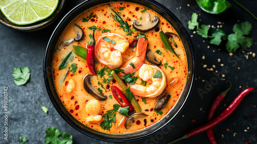 Spicy Thai Tom Yum Soup with Shrimp and Fresh Herbs