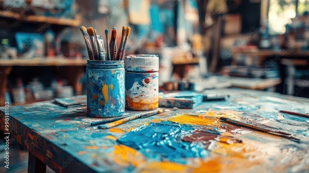 DIY crafts with materials like paint, paper, and scissors spread on a table, creative atmosphere, close-up, sharp focus DIY crafts with materials like paint, paper, and scissors spread on a table, creative atmosphere, close-up, sharp focus