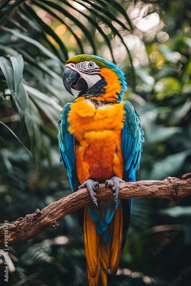 Parrot with vibrant feathers sitting on a tropical branch Parrot with vibrant feathers sitting on a tropical branch