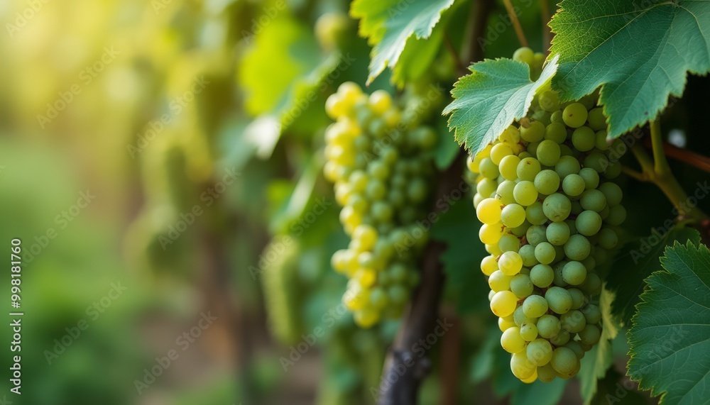 custom made wallpaper toronto digitalA close-up of green grapes growing on a vine in a sunny vineyard, with bright foliage in the background.