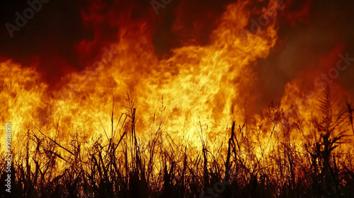 a large fire burning through a field of dry grass or vegetation. The flames are intense, with bright orange and yellow colors, and they are consuming the tall grass, creating a dramatic and dangerous 