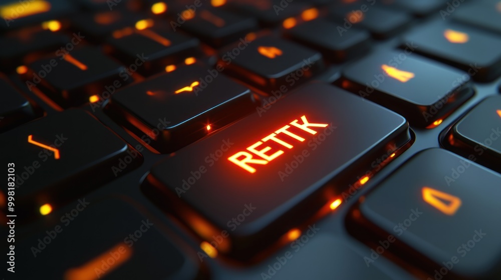 Close-up of a Keyboard with a Glowing 'RETTK' Key Close-up of a Keyboard with a Glowing 'RETTK' Key