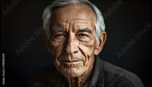 Portrait of an elderly man with a serene expression, deep wrinkles, and wise eyes, illuminated against a dark background