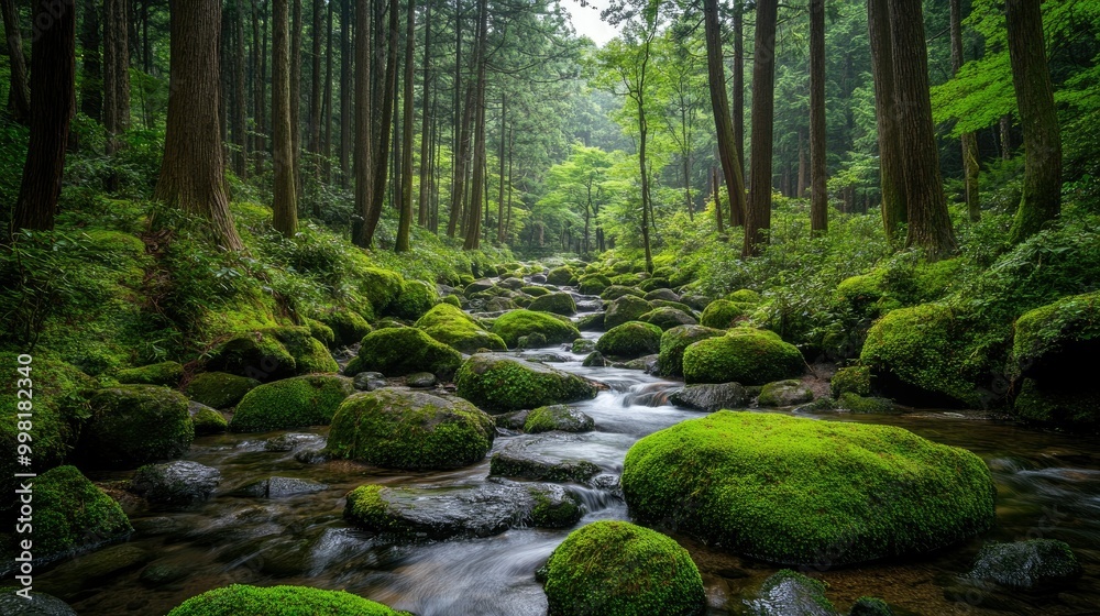 Captivating shot of the Rock Garden in Mt. Mitakeaes valley, with moss-covered rocks and a winding stream, set amidst towering trees and natural beauty. Captivating shot of the Rock Garden in Mt. Mitakeaes valley, with moss-covered rocks and a winding stream, set amidst towering trees and natural beauty.