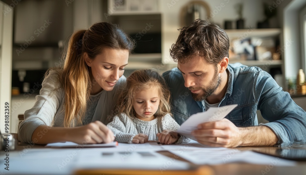 Financial security planning session with a family reviewing insurance and savings options, organized setting, sharp focus Financial security planning session with a family reviewing insurance and savings options, organized setting, sharp focus