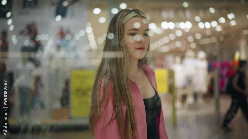 Beautiful lady wearing a black signet under pink clothing and short gazes through glass thoughtfully, with a blurred background of people, lights, and items in a brightly lit shopping mall Beautiful lady wearing a black signet under pink clothing and short gazes through glass thoughtfully, with a blurred background of people, lights, and items in a brightly lit shopping mall