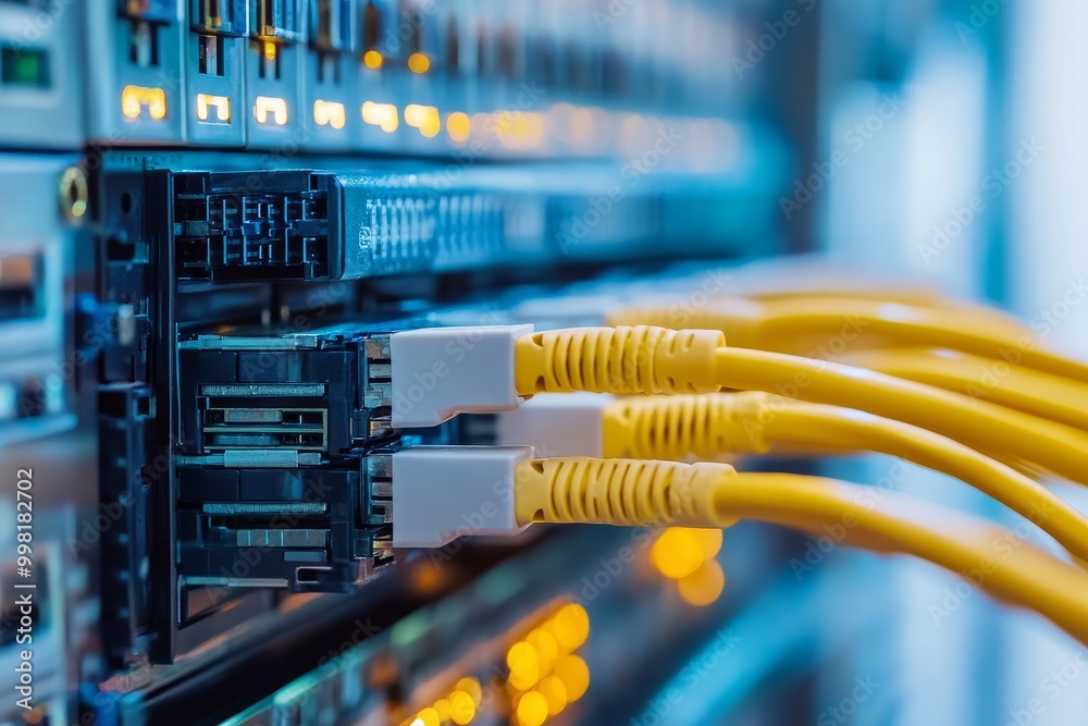 Close-up view of a network switch with yellow ethernet cables plugged in, showcasing modern connectivity and data transfer technology Close-up view of a network switch with yellow ethernet cables plugged in, showcasing modern connectivity and data transfer technology