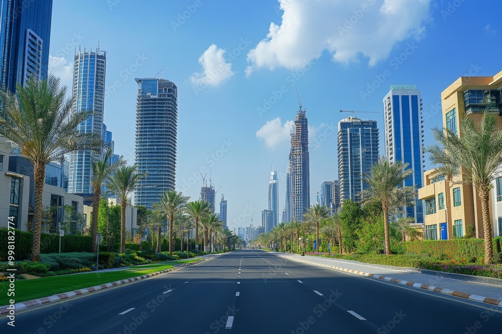 Wide urban avenue lined with palm trees and modern skyscrapers, showcasing the blend of nature and architecture in a developing city landscape Wide urban avenue lined with palm trees and modern skyscrapers, showcasing the blend of nature and architecture in a developing city landscape