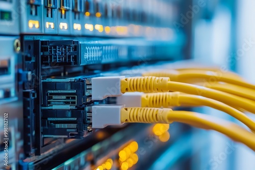 Close-up view of a network switch with yellow ethernet cables plugged in, showcasing modern connectivity and data transfer technology