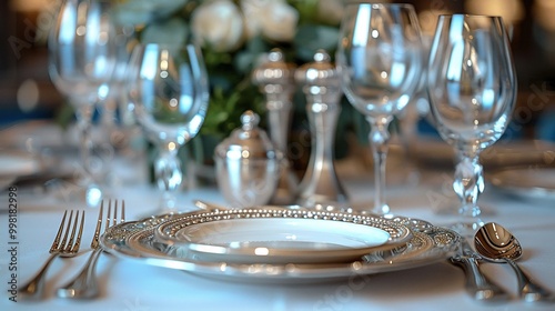 A set of cutlery displayed in a high-end restaurant.