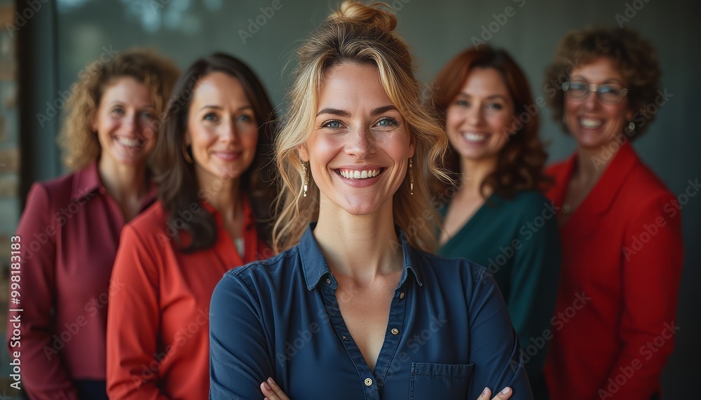 Fototapeta premium A group of five smiling women dressed in professional business attire standing confidently together.