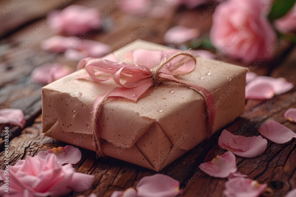 Elegant Gift with Pink Ribbon on Rustic Wooden Table - Perfect for Romantic Occasions and Celebrations Elegant Gift with Pink Ribbon on Rustic Wooden Table - Perfect for Romantic Occasions and Celebrations