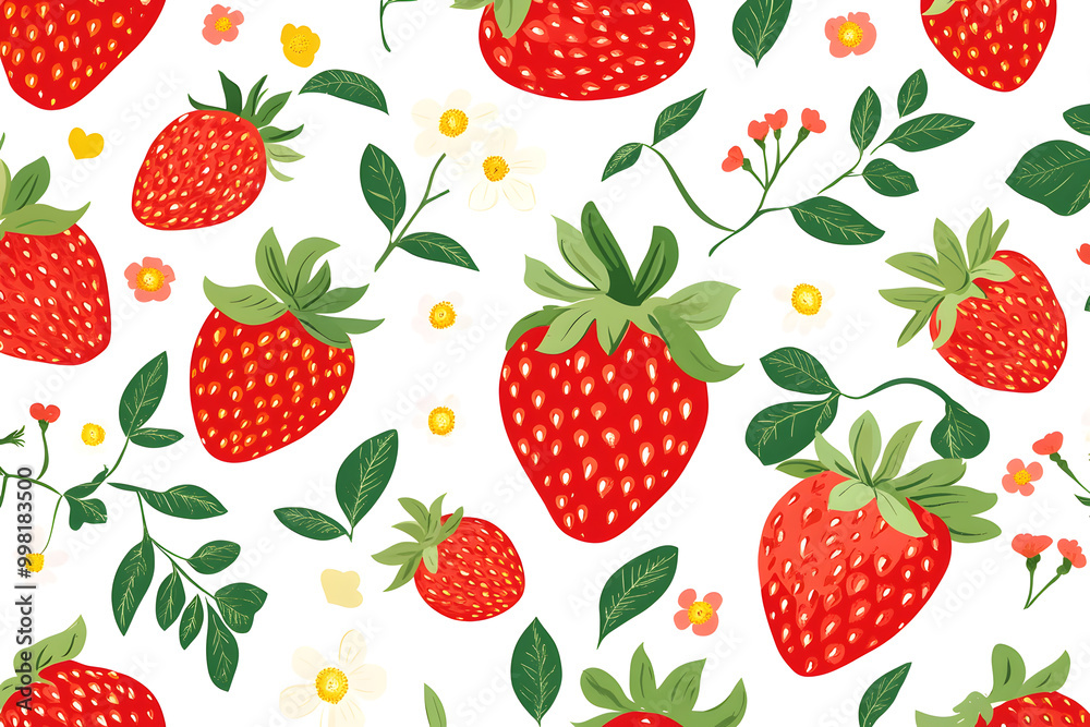 Seamless Strawberry Pattern with Green Leaves and Flowers Seamless Strawberry Pattern with Green Leaves and Flowers