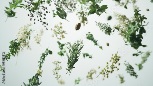 Green Foliage and White Flowers Floating in Mid-Air