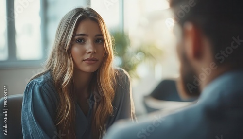 Job interview in a modern office with a professional setting, two people discussing career opportunities, sharp focus, soft lighting