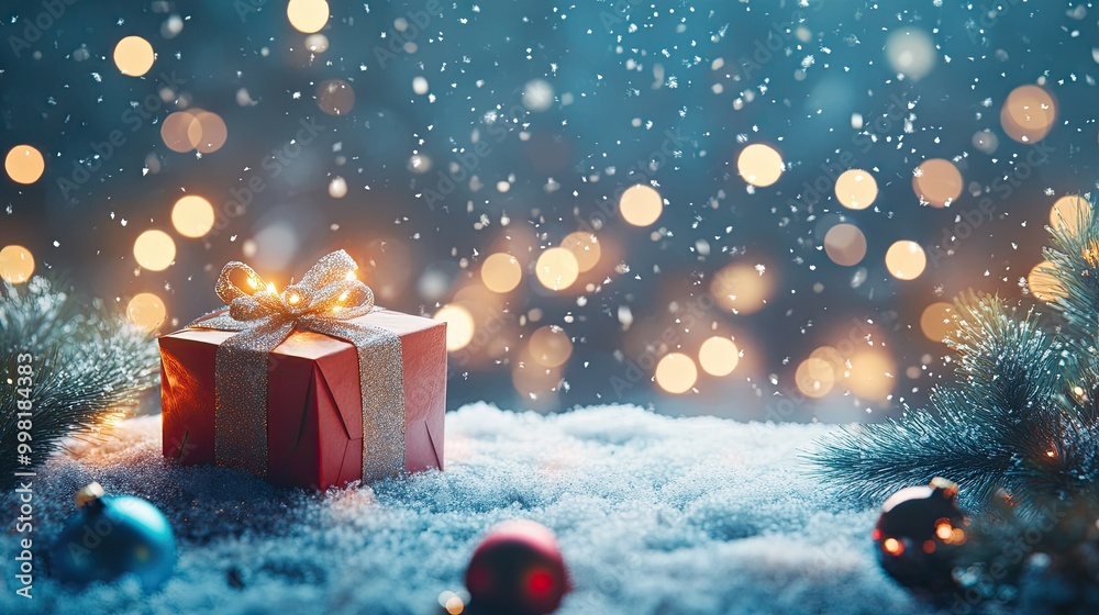 Christmas card scene featuring a gift on snow, with glowing blue bokeh lights and ornaments on fir branches. Snowflakes gently fall, creating a magical, festive background. Christmas card scene featuring a gift on snow, with glowing blue bokeh lights and ornaments on fir branches. Snowflakes gently fall, creating a magical, festive background.