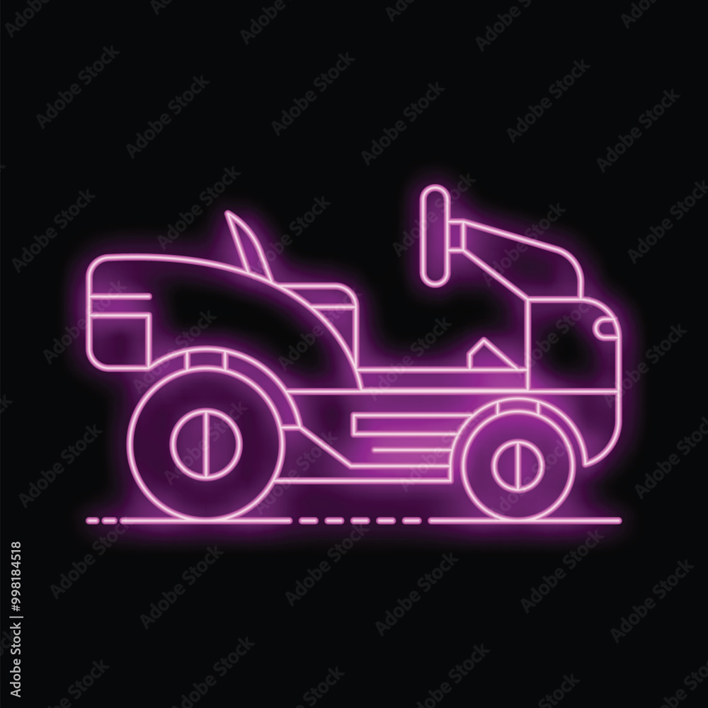Purple neon sign of a tractor driving over a dashed line on a black background Purple neon sign of a tractor driving over a dashed line on a black background