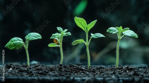 Four Young Green Seedlings Emerging From Dark Soil