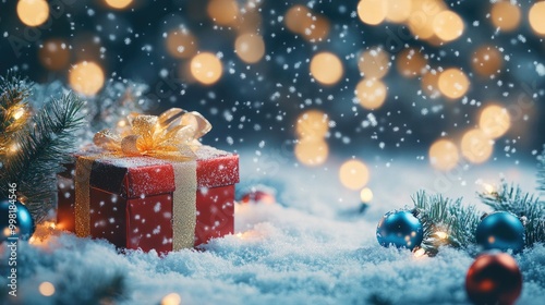 Christmas card scene featuring a gift on snow, with glowing blue bokeh lights and ornaments on fir branches. Snowflakes gently fall, creating a magical, festive background.