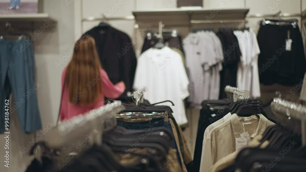 Lady walks through a clothing store, heading towards a black hanging item, then moves to observe a white garment, the store has neatly arranged clothes in multiple sections with varied colors