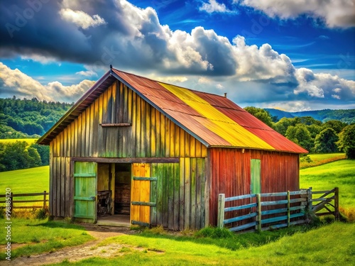 Rustic cattle shed in a serene rural landscape, perfect for agricultural and farming themes photo