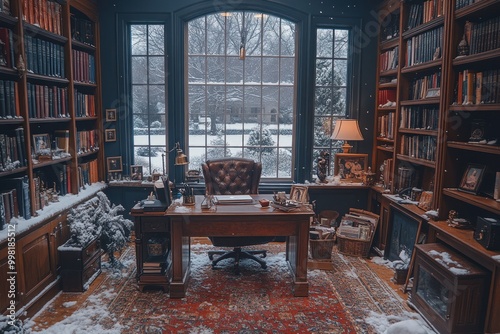 A cozy home office with a large window overlooking a snowy landscape. The room is filled with bookshelves, a comfortable leather chair, and a wooden desk.