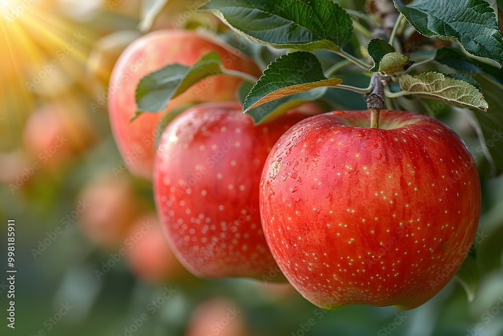 Fresh and Ripe Red Apples on Tree Branch in Sunlight - Perfect for Autumn Designs and Healthy Lifestyle Promotions Fresh and Ripe Red Apples on Tree Branch in Sunlight - Perfect for Autumn Designs and Healthy Lifestyle Promotions