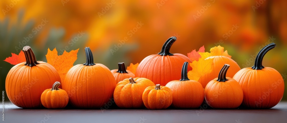 Autumn Harvest: Vibrant Pumpkins and Gourds against a Fall Foliage Background Autumn Harvest: Vibrant Pumpkins and Gourds against a Fall Foliage Background