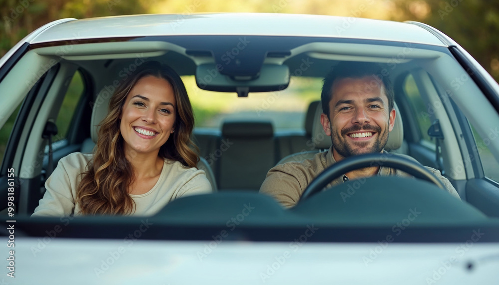 Front portrait of happy couple sitting in luxury car, man and woman enjoying road trip or buying new car, smiling at camera, windshield view