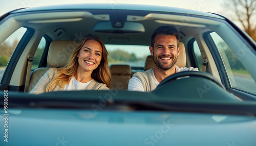 Front portrait of happy couple sitting in luxury car, man and woman enjoying road trip or buying new car, smiling at camera, windshield view