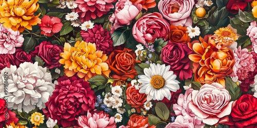 floral pattern featuring a dense arrangement of large, blooming roses, daisies, and peonies in vibrant shades of red, pink, yellow, and white