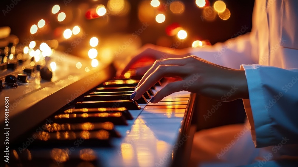 A Close-Up of a Hand Playing a Keyboard with Warm Lighting A Close-Up of a Hand Playing a Keyboard with Warm Lighting