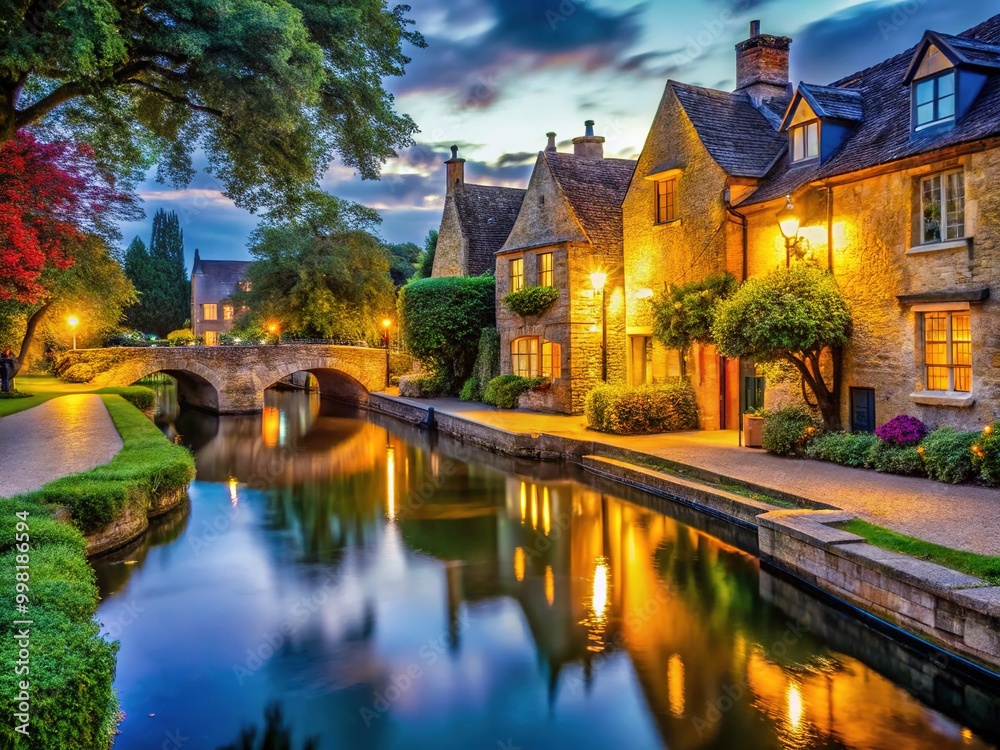 Scenic View of Bourton on the Water in Gloucestershire, UK with Charming Cotswold Stone Architecture Scenic View of Bourton on the Water in Gloucestershire, UK with Charming Cotswold Stone Architecture