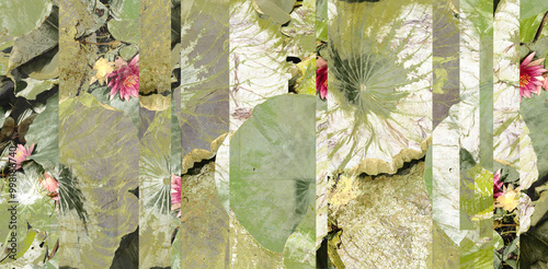 Hand drawn grunge textured tropical leaves seamless pattern. Tropical leaf silhouette elements background. Palm, fan palm, banana leaf or lotus bamboo in grunge retro style.
