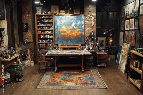 An artist's studio with a large painting on an easel, paintbrushes, paint tubes, and other art supplies.